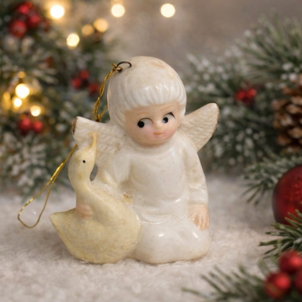 Vintage 1950s–60s Angel with Goose Ornament — Baby's First Christmas Style